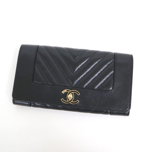 2000114256100026 1 Chanel Mademoiselle V Stitch BifLong Wallet Coco Mark Lambskin Black A80971