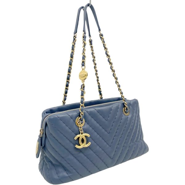 21 148 1 Chanel V Stitch Chevron Chain Tote Bag Lambskin Blue