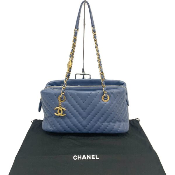 21 148 17 Chanel V Stitch Chevron Chain Tote Bag Lambskin Blue