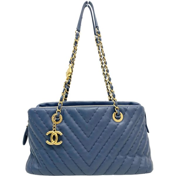 21 148 2 Chanel V Stitch Chevron Chain Tote Bag Lambskin Blue