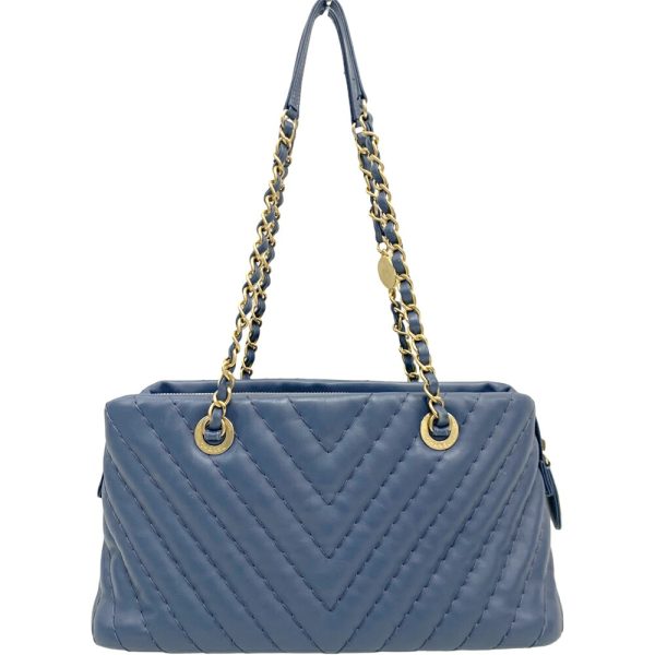 21 148 5 Chanel V Stitch Chevron Chain Tote Bag Lambskin Blue