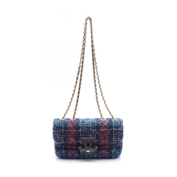 2101218193176 1 Chanel Coco Mark W Flap Fabric Shoulder Bag Blue Multicolor