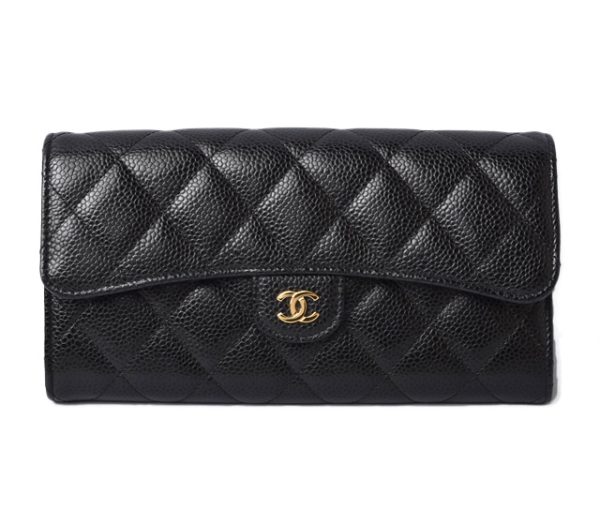 210427 47 ch 1 Chanel Long Wallet Quilted Matelasse Caviar Skin Black