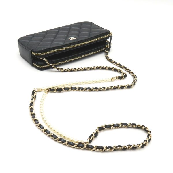 2106800526844 5 Chanel Matelasse Chain Wallet Shoulder Bag Lambskin Black Metallic Black