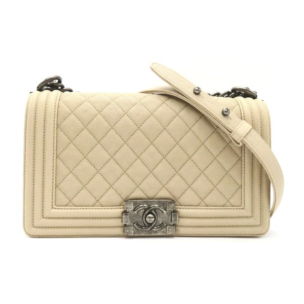 2106800542851 1 Chanel Boy Chain Shoulder Bag Caviar Skin Beige