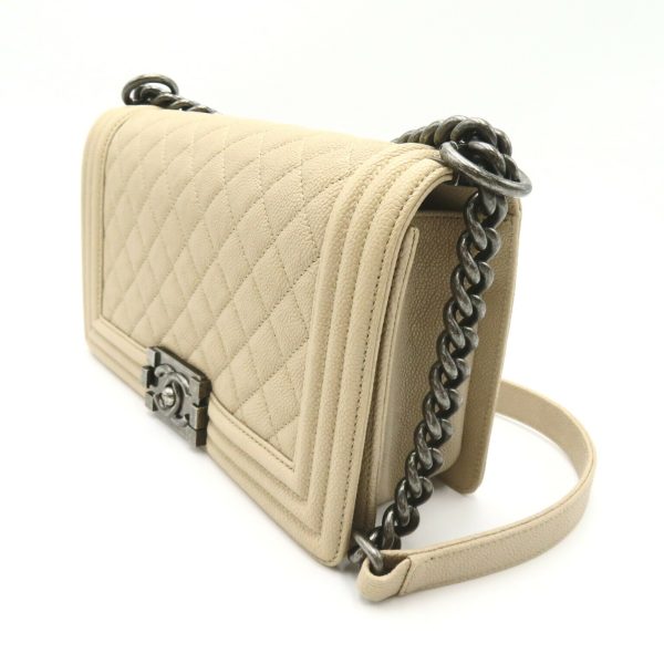 2106800542851 3 Chanel Boy Chain Shoulder Bag Caviar Skin Beige