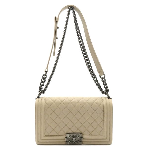 2106800542851 5 Chanel Boy Chain Shoulder Bag Caviar Skin Beige