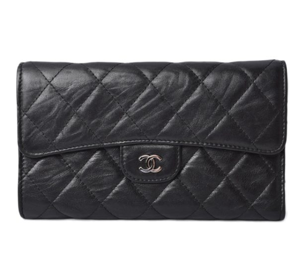 210715 to 08 ch 1 Chanel Long Wallet Wrinkled Matelasse Lambskin Black