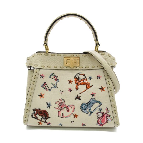 2107600965697 1 Fendi Mini Peekaboo 2Way Cotton Shoulder Bag Ivory