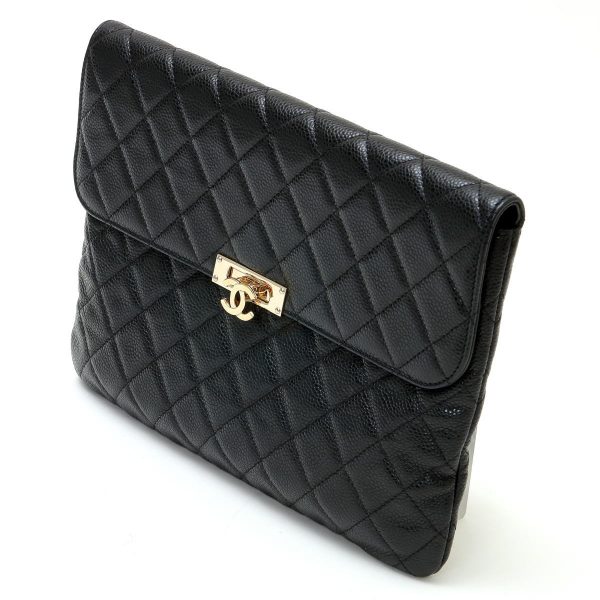 2120069 2 CHANEL Cocomark lock Matelasse Clutch Bag Black Caviar