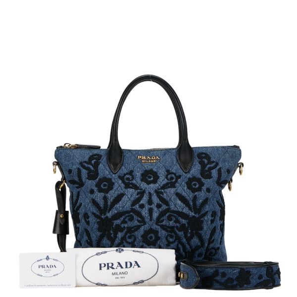 222 55827 1 PRADA Floral Shoulder Bag 2WAY Indigo Blue Denim Leather