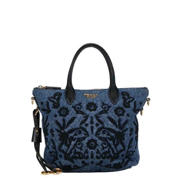 222 55827 2 PRADA Floral Shoulder Bag 2WAY Indigo Blue Denim Leather