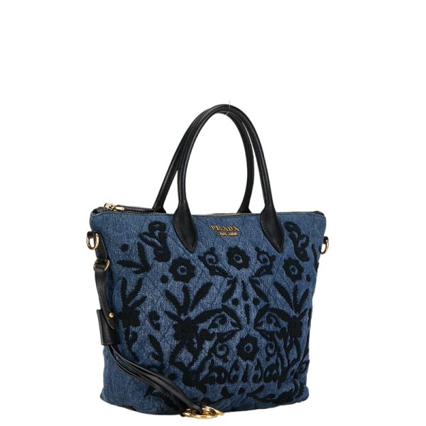 222 55827 3 PRADA Floral Shoulder Bag 2WAY Indigo Blue Denim Leather