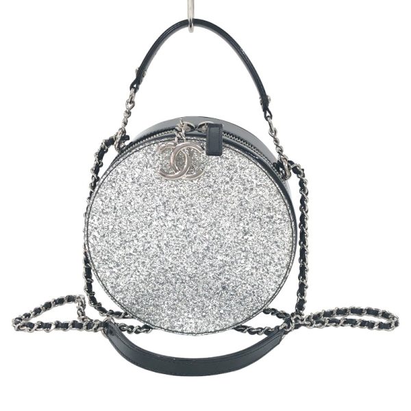 2300038295378 CHANEL Metallic Round Chain Shoulder Black Patent Shoulder Bag