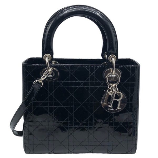 2300039479470 Christian Dior Medium Black Enamel Shoulder Bag