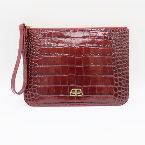 2300954 1 BALENCIAGA BB Croco Clutch Bag Wine Red