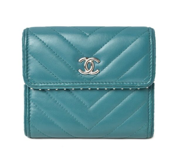 230468 ch 1 CHANEL Mini Wallet Chevron Studs Turquoise Blue