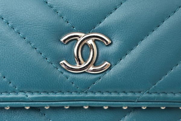 230468 ch 2 CHANEL Mini Wallet Chevron Studs Turquoise Blue