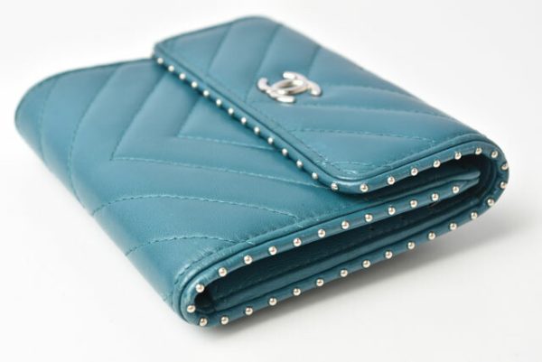 230468 ch 3 CHANEL Mini Wallet Chevron Studs Turquoise Blue