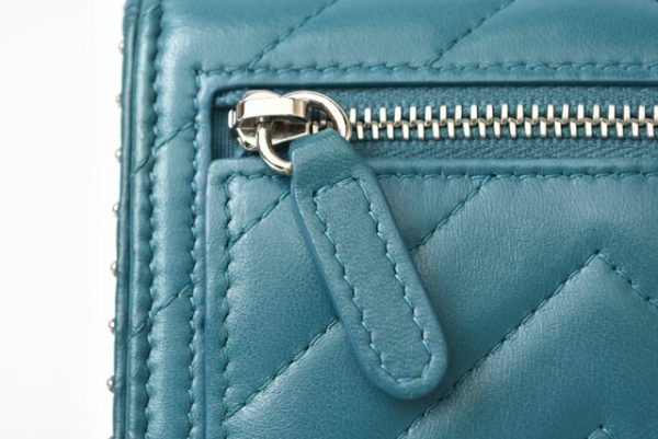 230468 ch 5 CHANEL Mini Wallet Chevron Studs Turquoise Blue