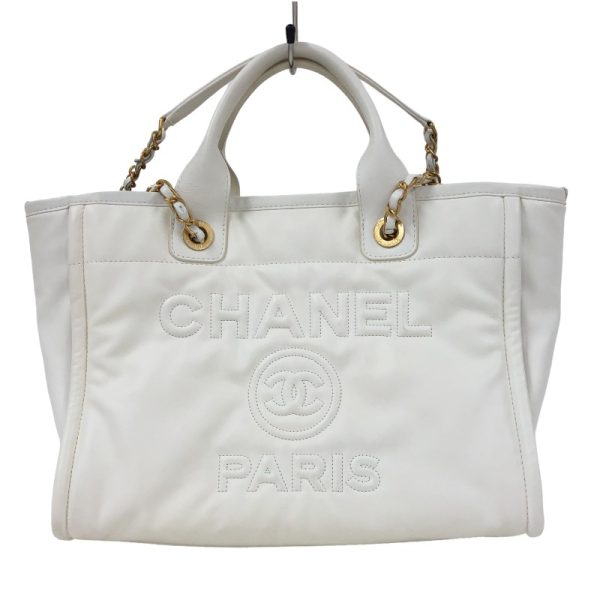 2340520096236 1 CHANEL Deauville Shopping Bag AS33551 White Calf Shoulder Bag