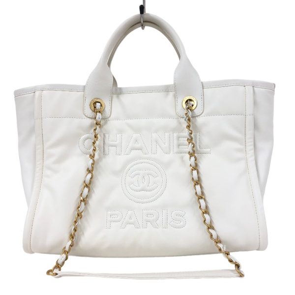 2340520096236 CHANEL Deauville Shopping Bag AS33551 White Calf Shoulder Bag