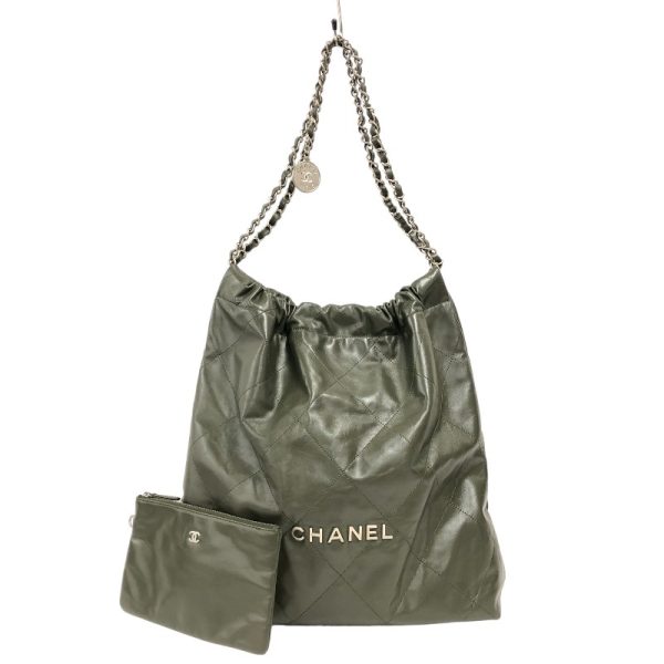 2340530025547 CHANEL Large Handbag AS3262 Khaki Shiny Calf Shoulder Bag