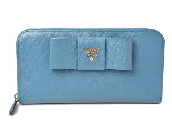 24040213 p 1 Prada Long Wallet Saffiano Fiocco Ribbon Motif Calf Cobalto