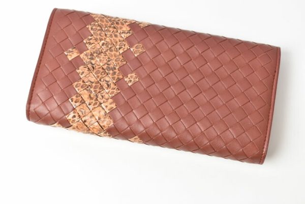 240610a03 bv 3 Bottega Veneta Long Wallet Intrecciato Python Brown Beige