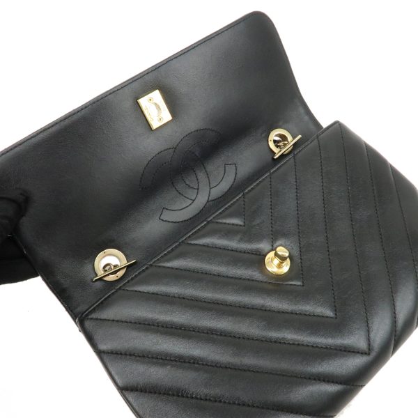 37887 10 7 Chanel Plate V Stitch Lambskin Chain Shoulder Bag Black