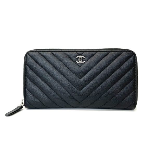 46936 1 CHANEL Caviar Skin Chevron V Stitch Long Wallet Black