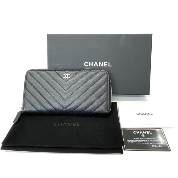 46936 3 CHANEL Caviar Skin Chevron V Stitch Long Wallet Black