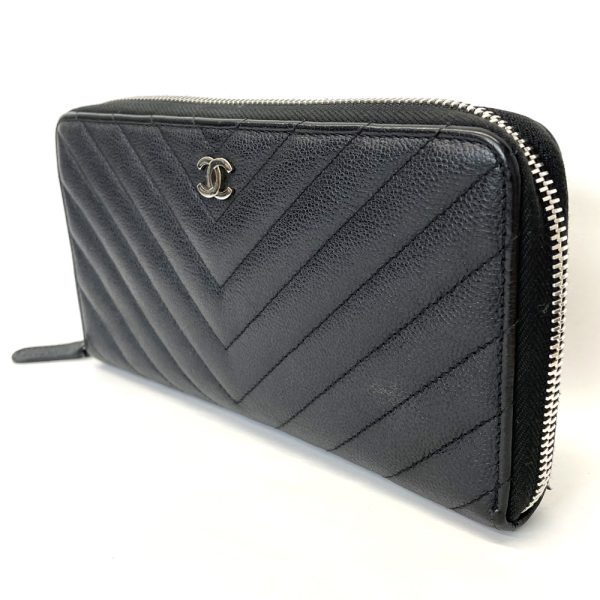 46936 7 CHANEL Caviar Skin Chevron V Stitch Long Wallet Black