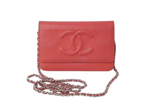 61810 d1 CHANEL Long Wallet Chain Wallet Caviar Skin Red