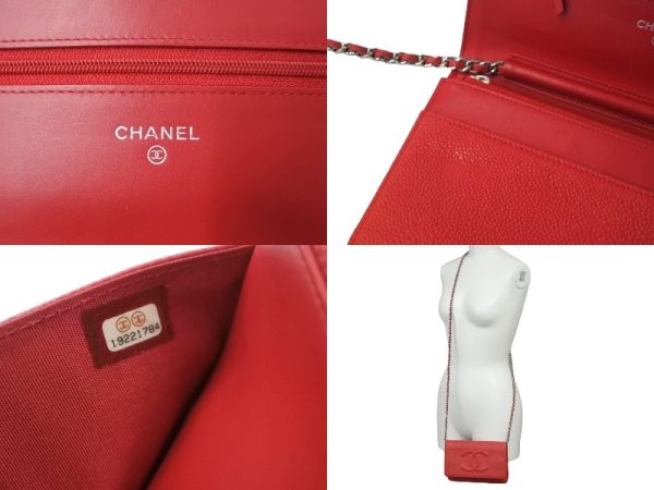 61810 d10 CHANEL Long Wallet Chain Wallet Caviar Skin Red