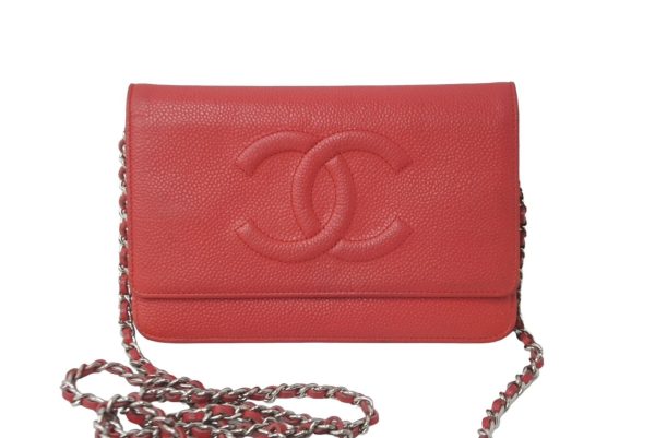 61810 d2 CHANEL Long Wallet Chain Wallet Caviar Skin Red