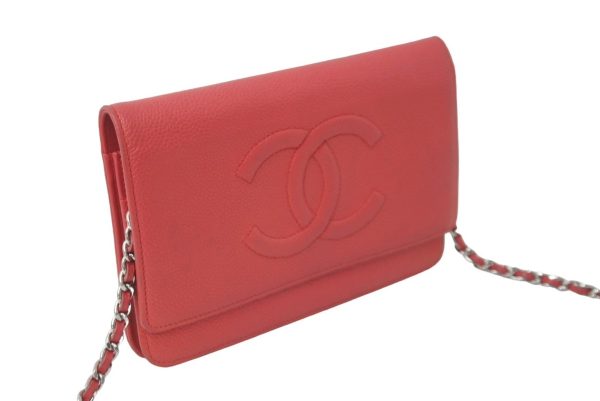 61810 d4 CHANEL Long Wallet Chain Wallet Caviar Skin Red