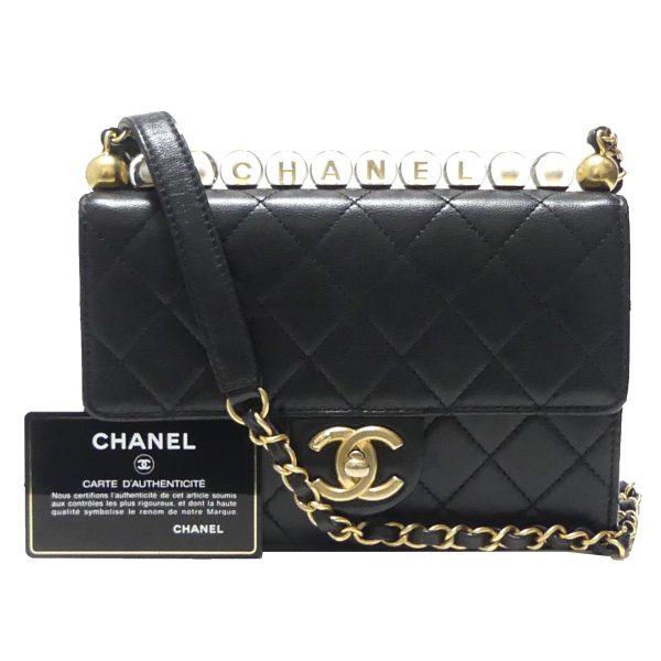 8081000063686 1 CHANEL Coco Mark Fake Pearl Glass Single Chain Shoulder Bag Black