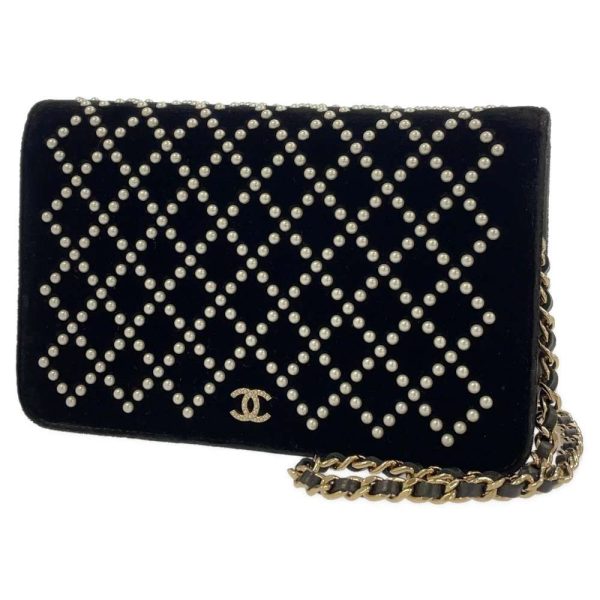 9301665 01 CHANEL Chain Wallet Coco Mark Pearl Velvet Fake Pearl Wallet Black