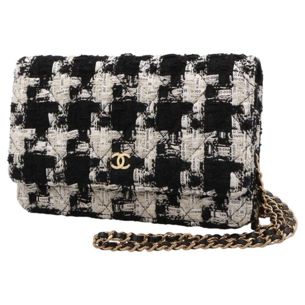 9305250 01 CHANEL Chain Wallet Tweed Here Mark Wallet Black