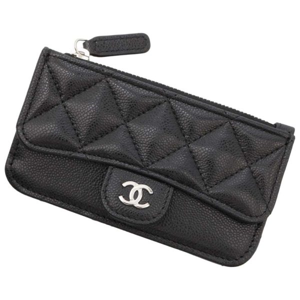 9320208 01 CHANEL Card Case Zip Quilted Caviar CocoMark Black