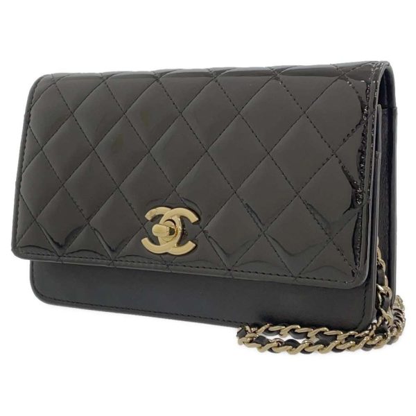 9321298 01 CHANEL Chain Wallet Matelasse Coco Mark Patent Black