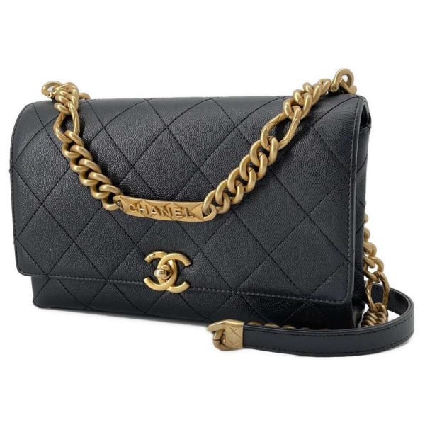 9347878 01 Chanel Chain Shoulder Bag Matelasse Plate Caviar Skin Black