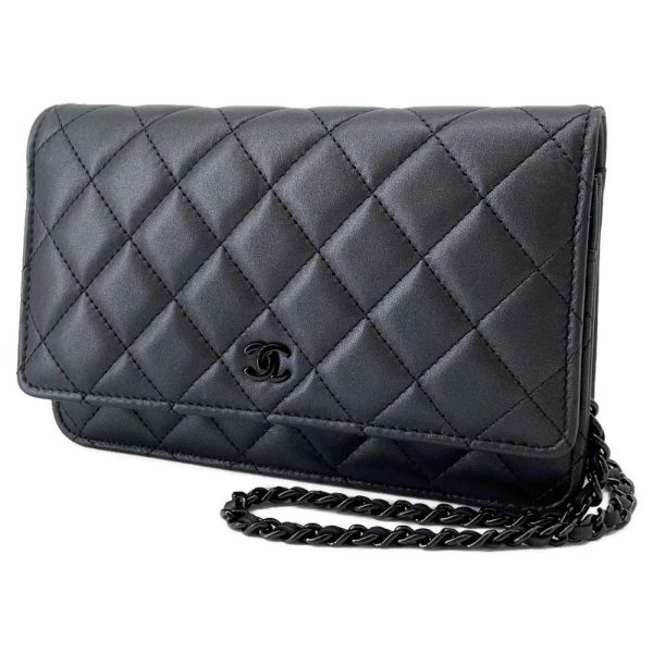 9398153 01 Chanel Chain Wallet Matelasse Lambskin Black