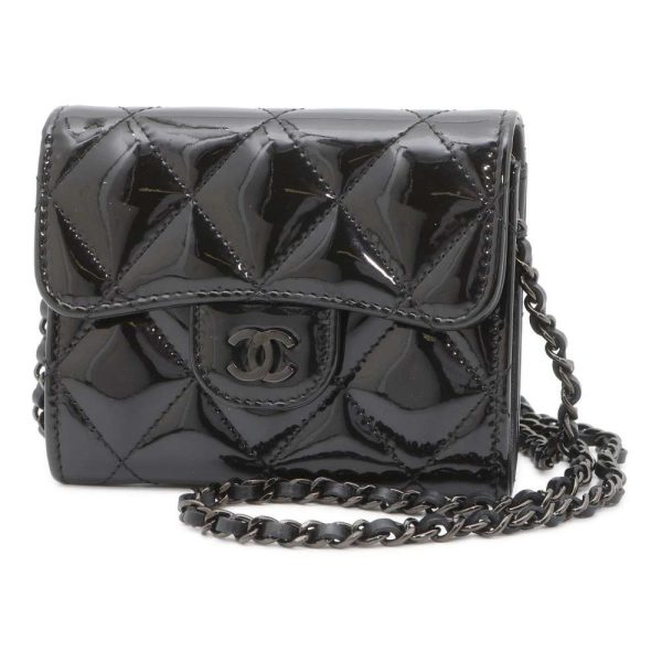 9410848 01 CHANEL Chain Matelasse Cocomark Mini Patent Wallet Black