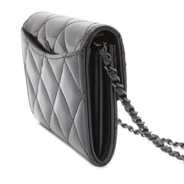 9410848 02 CHANEL Chain Matelasse Cocomark Mini Patent Wallet Black