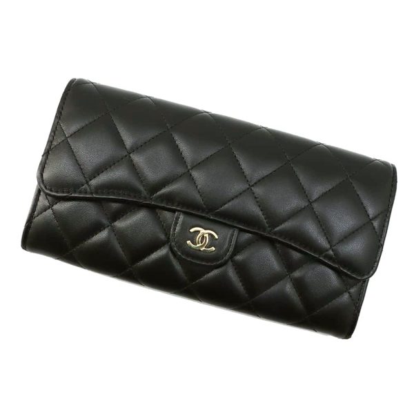 9488038 09 CHANEL Long Flap Wallet Matelasse Coco Mark Lambskin Black