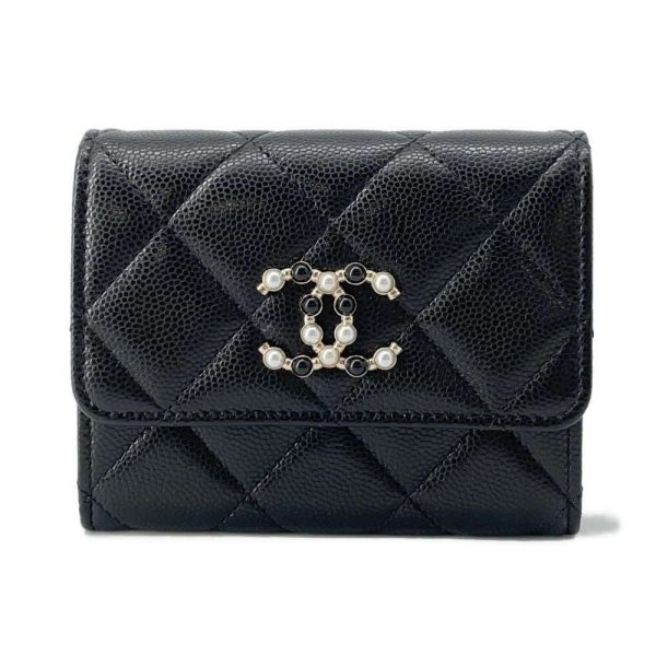 9499096 01 CHANEL Chain Matelasse CocoMark Caviar Skin Wallet Black