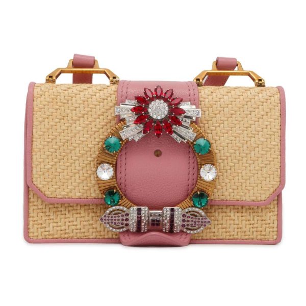 9534216 01 Miu Miu Shoulder Bag Madras Rhinestone Straw Bag