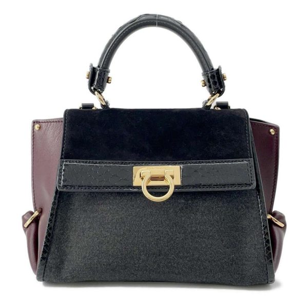 9566804 01 Ferragamo Gancini Top Handle Suede Python Bag Black